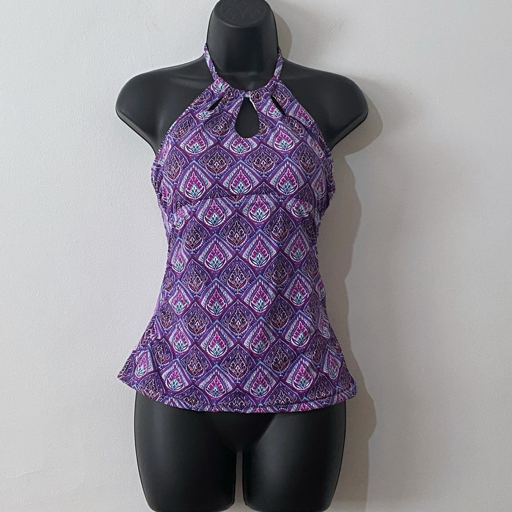 Leilani Purple Floral High Neck Halter Tankini Swim Top - Size 6